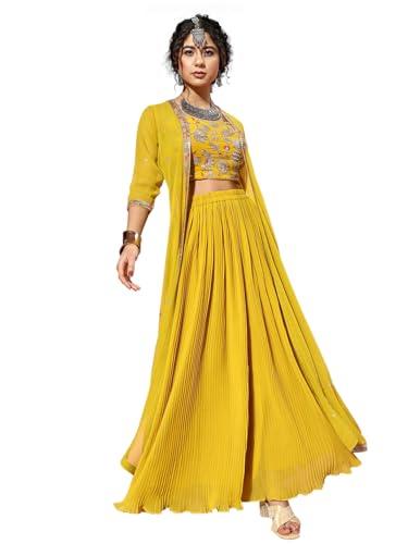 trendmalls women's georgette embroidery crop top with flared pleated palazzo and shrug set (g218-yellow-l)