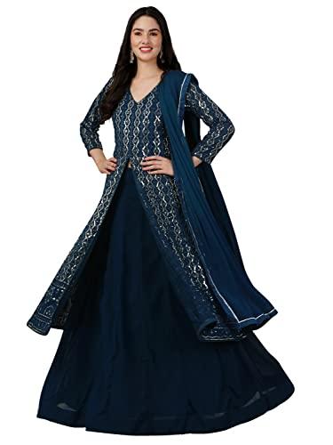 trendmalls women's georgette embroidery salwar suit set kurta lehenga with dupatta (g114-morpeach-m)