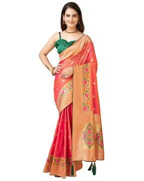 trendmalls women's kanjivaram silk saree with embroidery unstitched blouse piece (s59-pink) saree