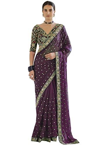 trendmalls women's rangoli silk heavy embroidred saree with blouse piece(purple)