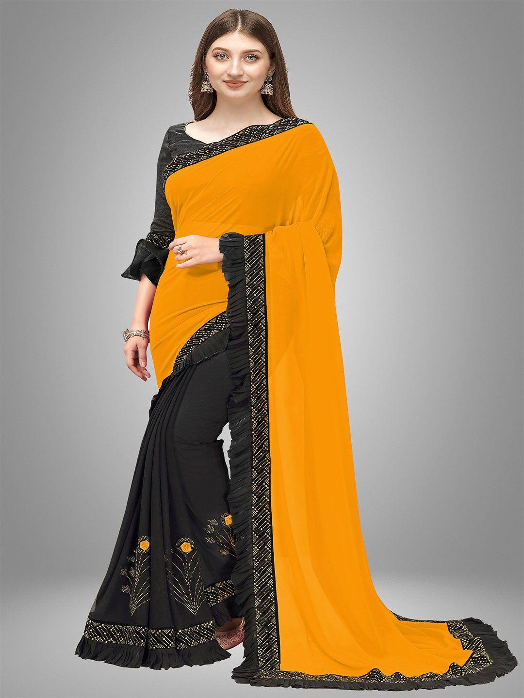 trendmalls yellow & black floral embroidered mysore silk saree