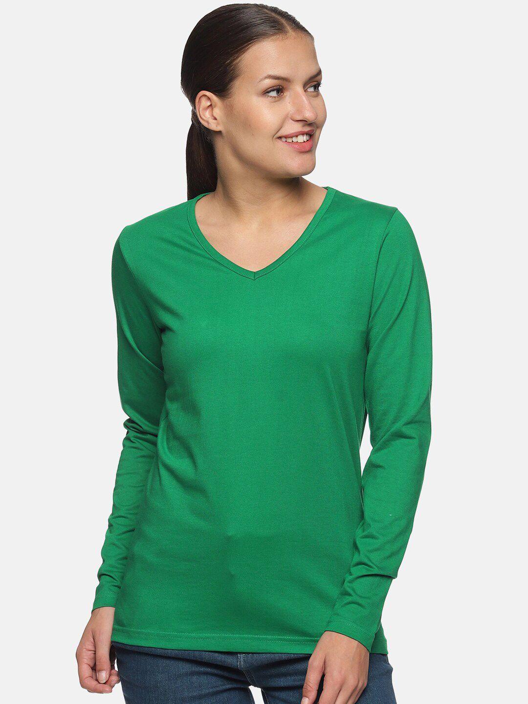 trends tower women green v-neck pure cotton t-shirt