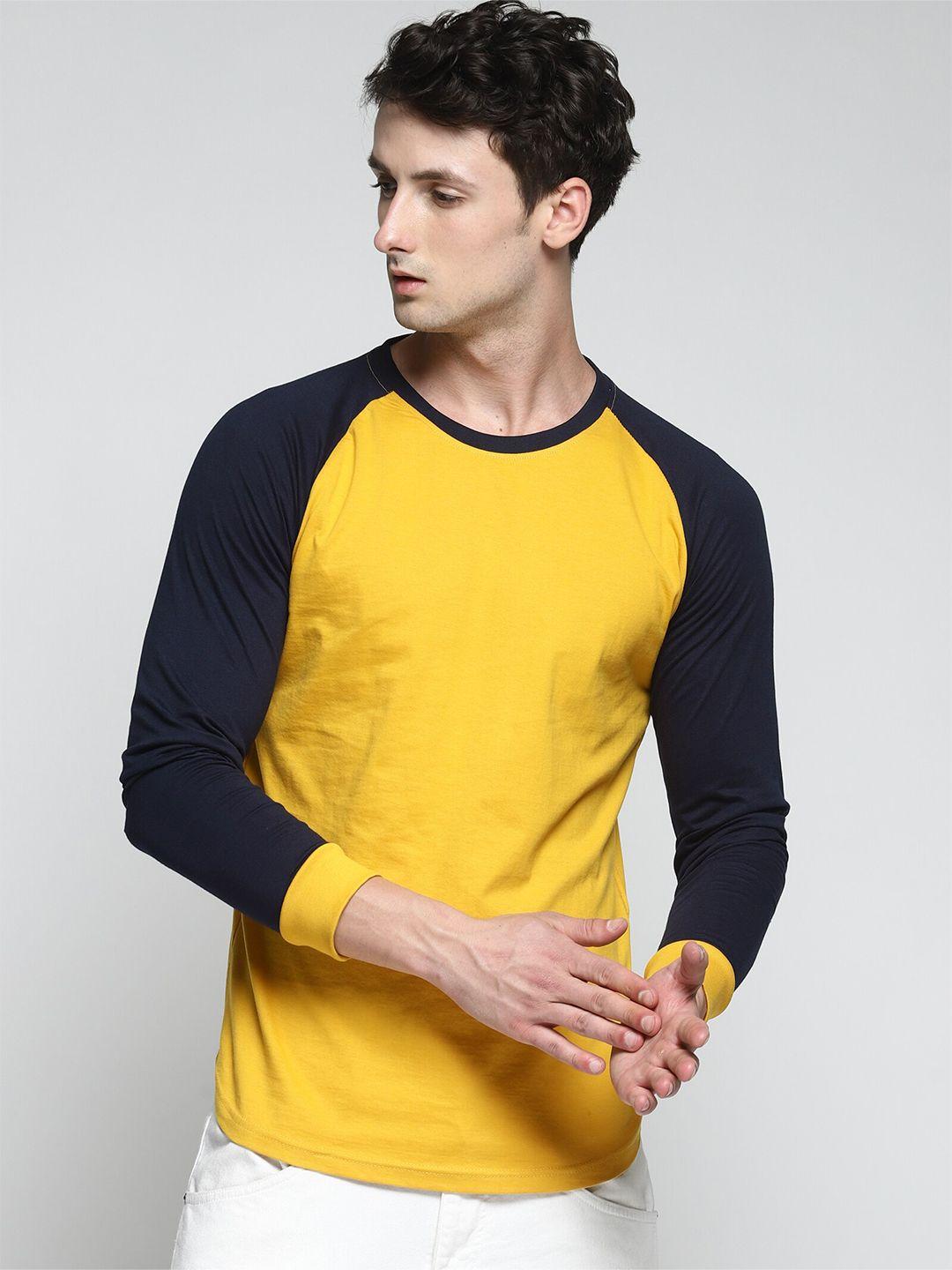 trends tower men mustard yellow colourblocked raw edge t-shirt