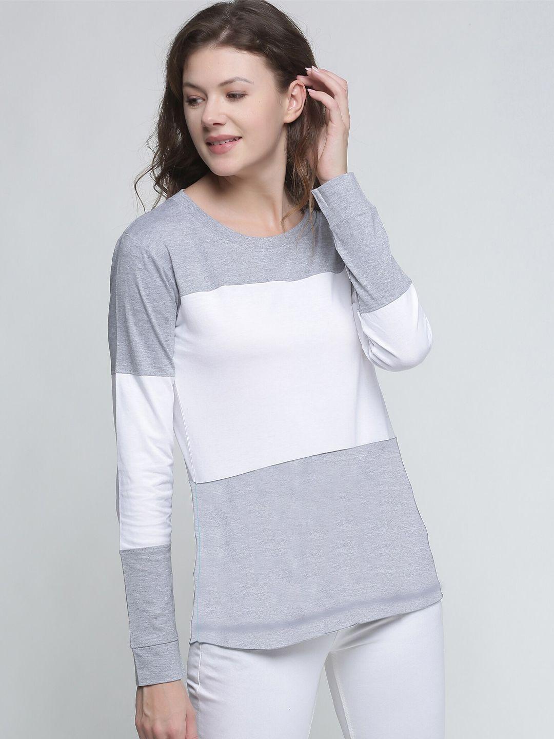trends tower women grey melange & white colourblocked pure cotton t-shirt