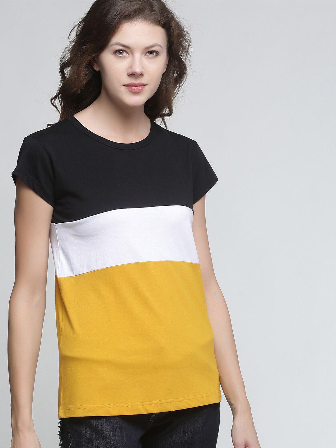 trends tower women mustard yellow & white colourblocked pure cotton t-shirt