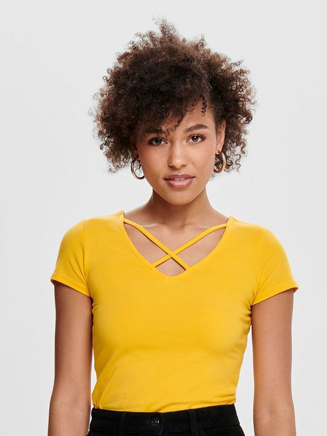 trends tower women mustard yellow v-neck pure cotton t-shirt