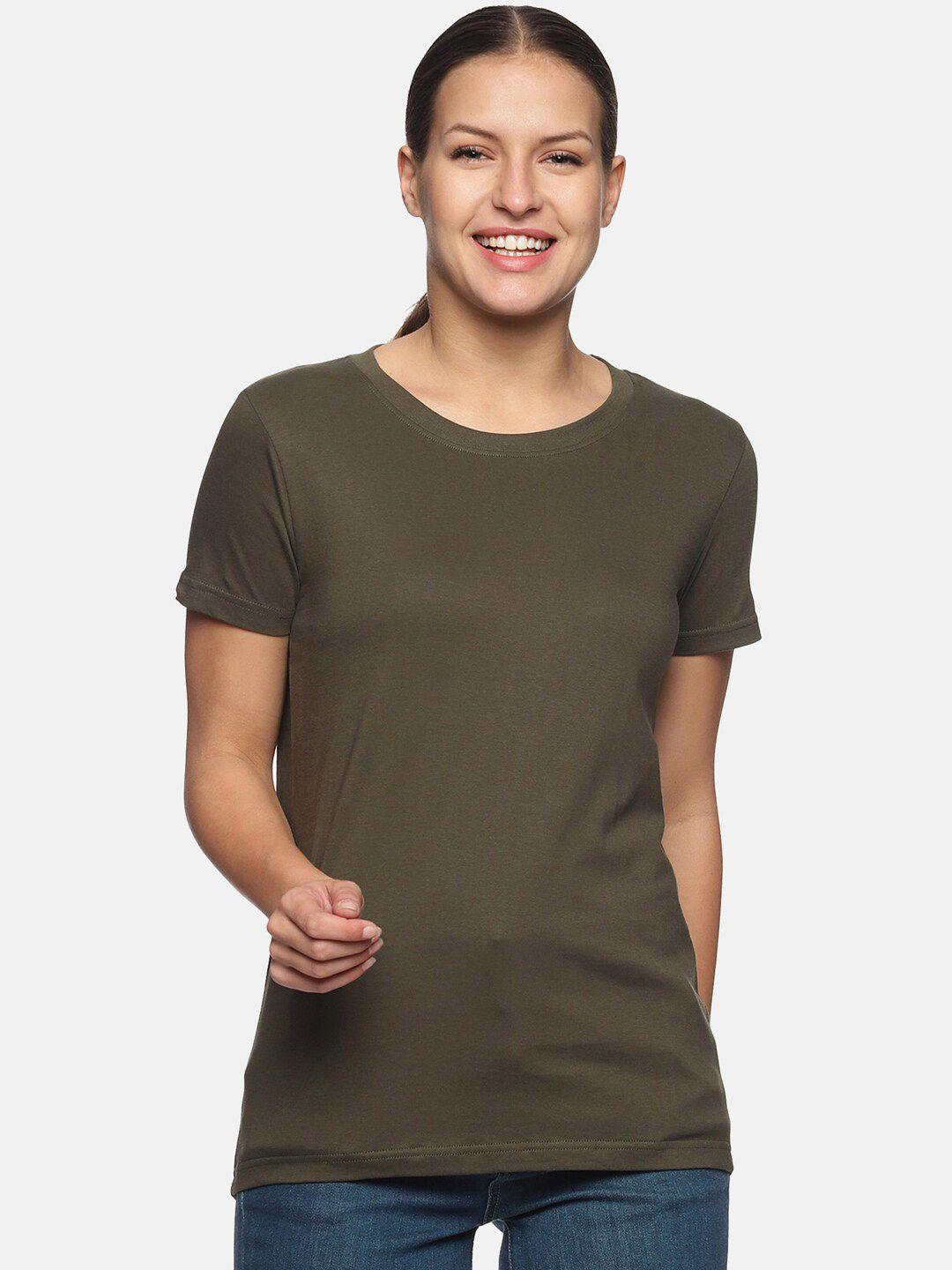trends tower women olive green pure cotton t-shirt
