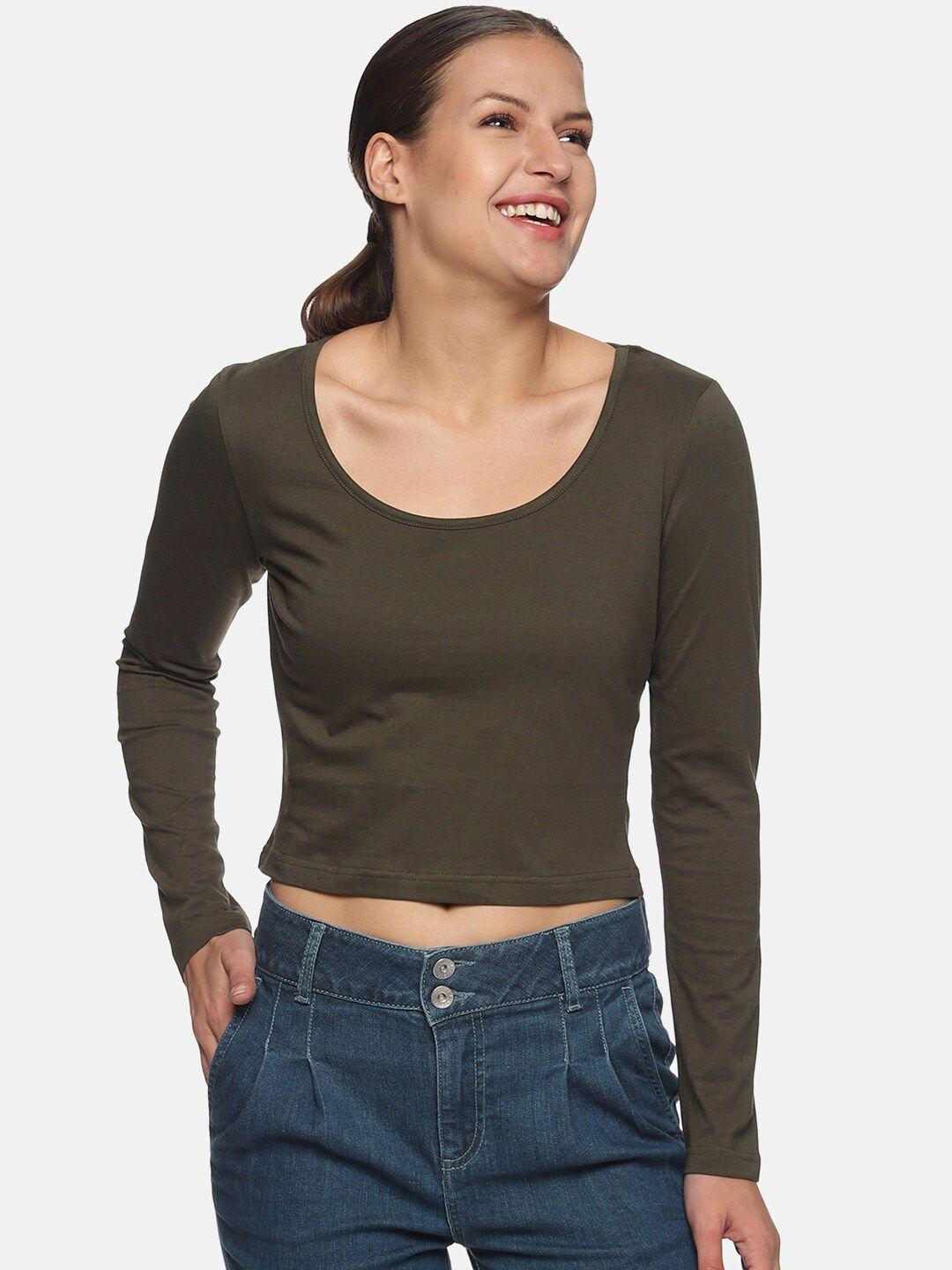 trends tower women olive green pure cotton t-shirt