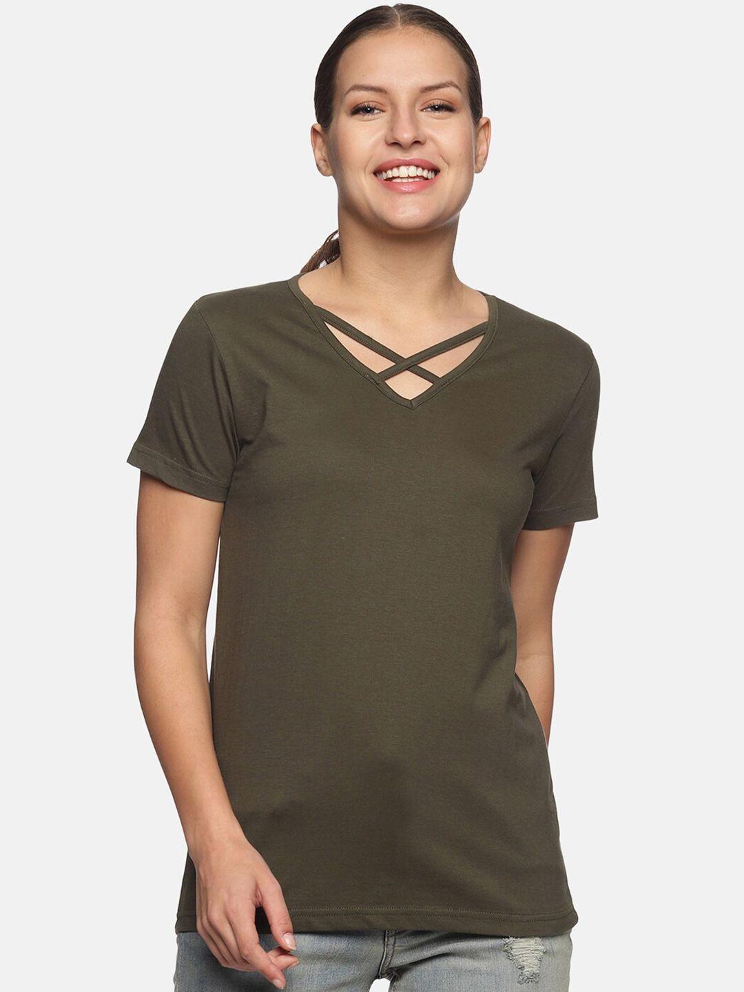 trends tower women olive green v-neck pure cotton t-shirt