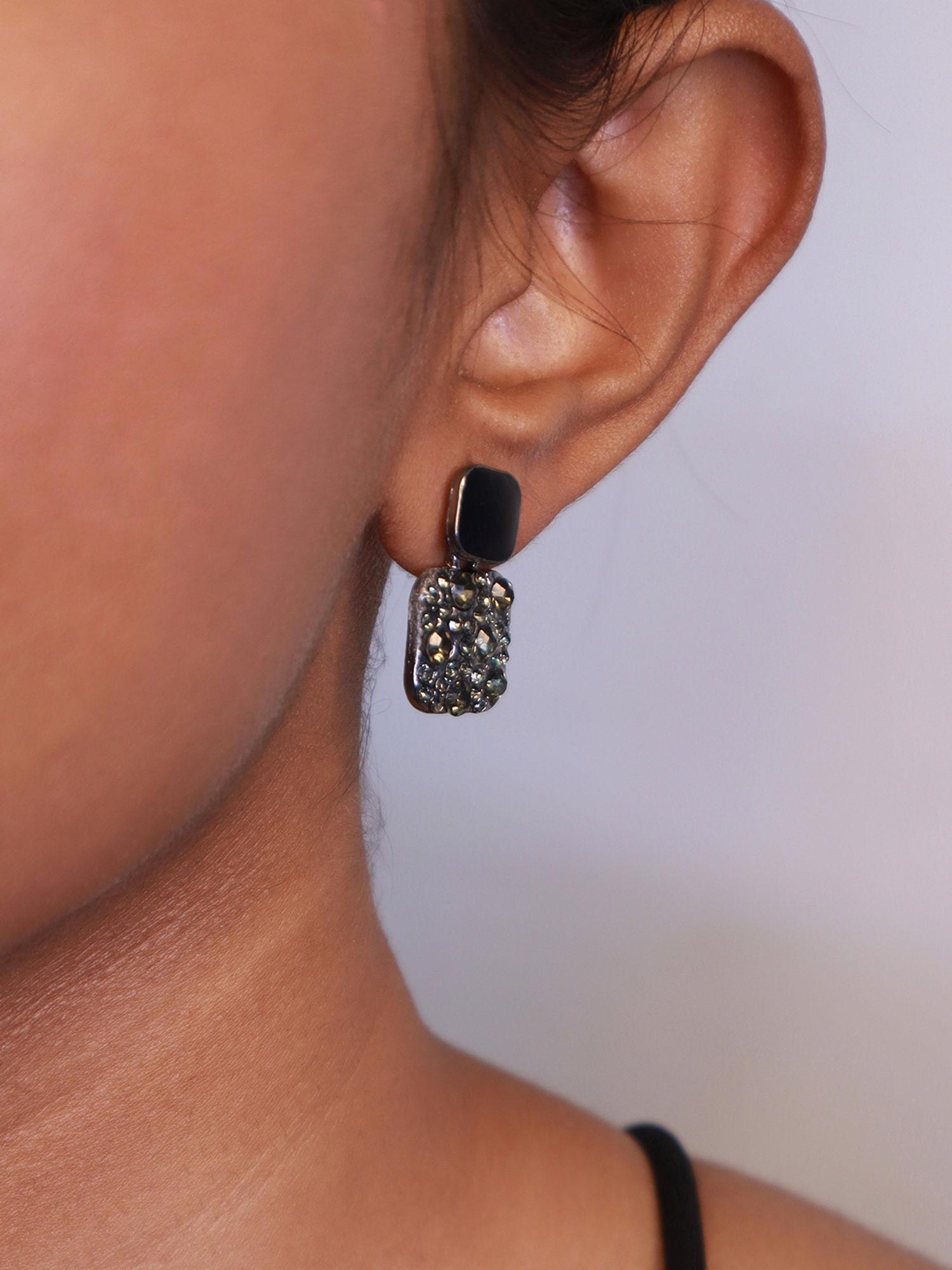 trendy black and silver stone dangler earrings