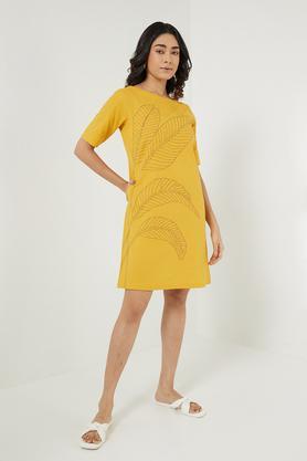 trendy embroidered round neck cotton women's ethnic dress - mustard