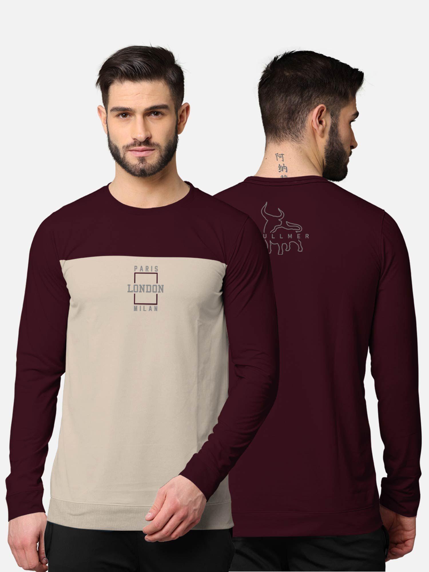 trendy front & back colorblock full sleeve t-shirt for men burgundy and beige