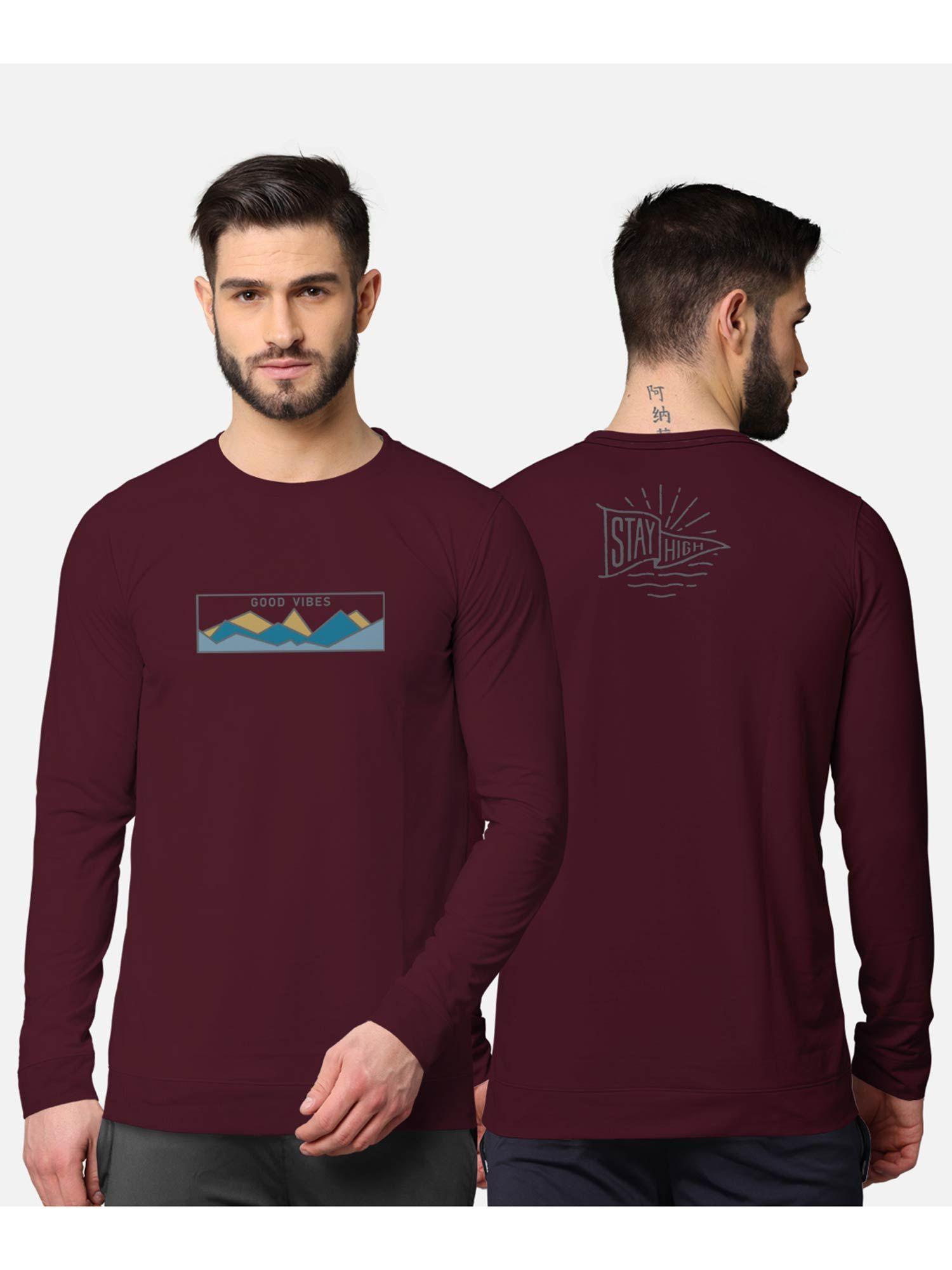 trendy front & back printed full sleeve t-shirt for men burgundy