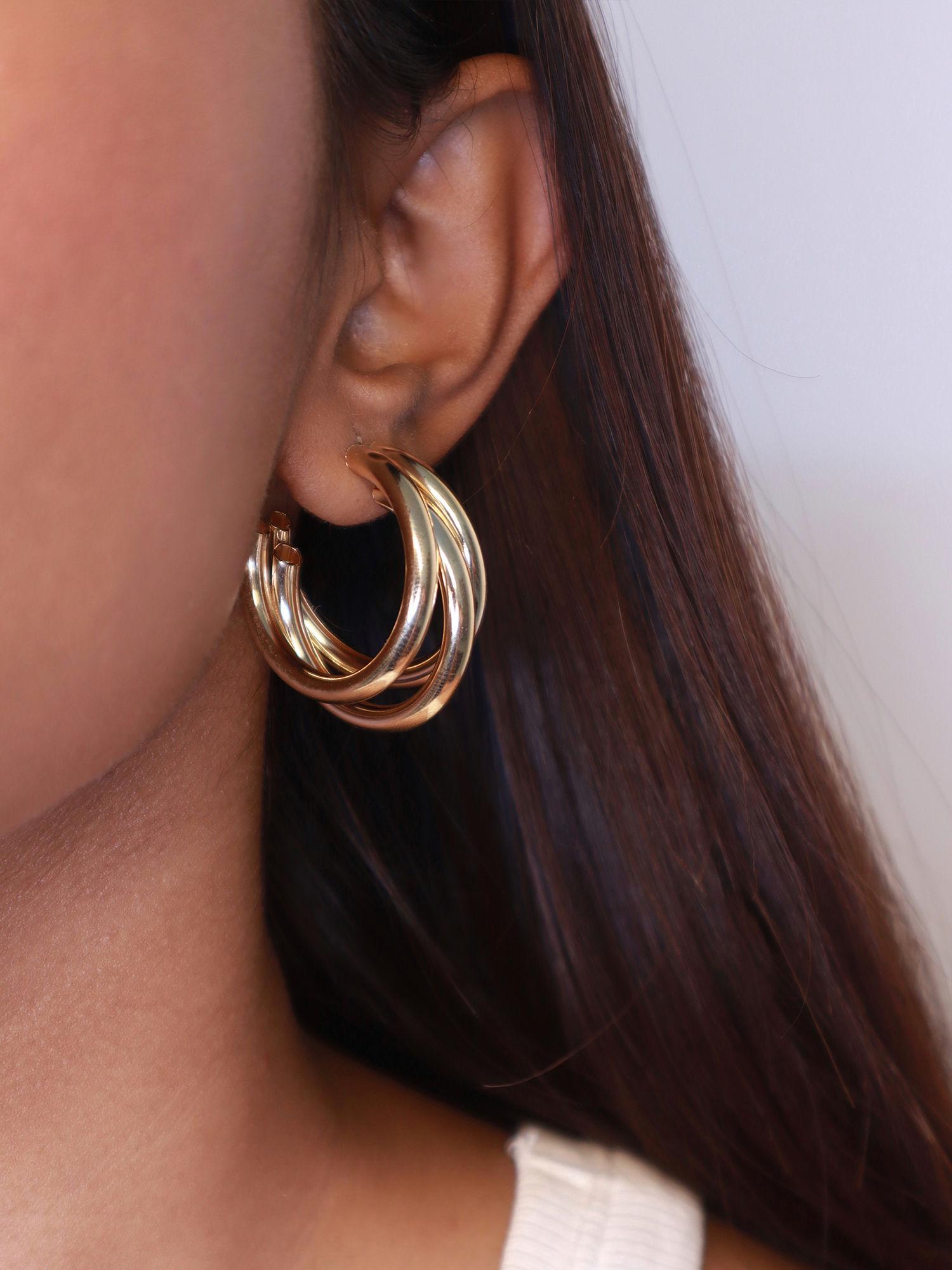 trendy gold triple hoop earrings