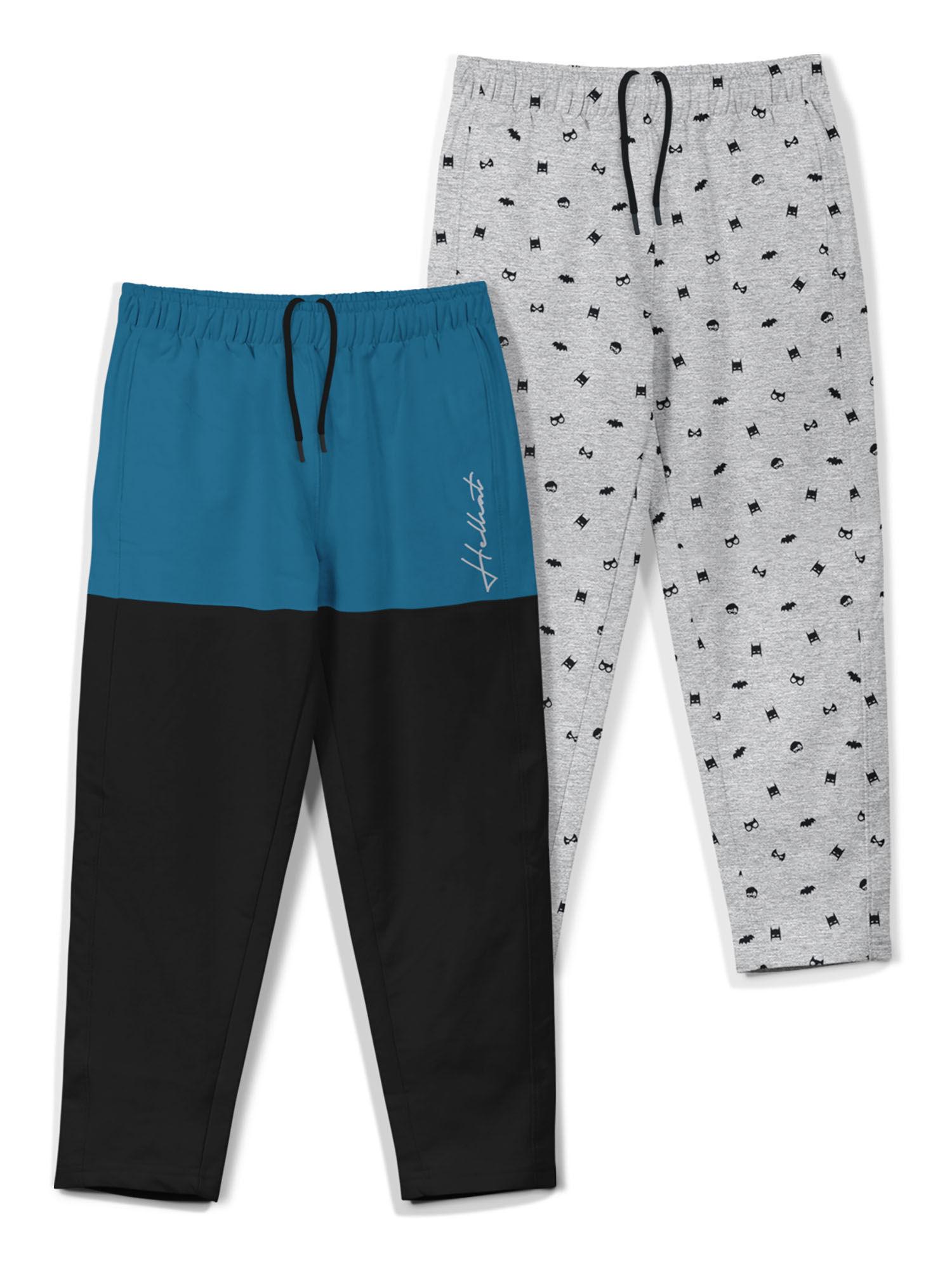 trendy blue grey printed mid-rise track pant for boys (pack of 2)