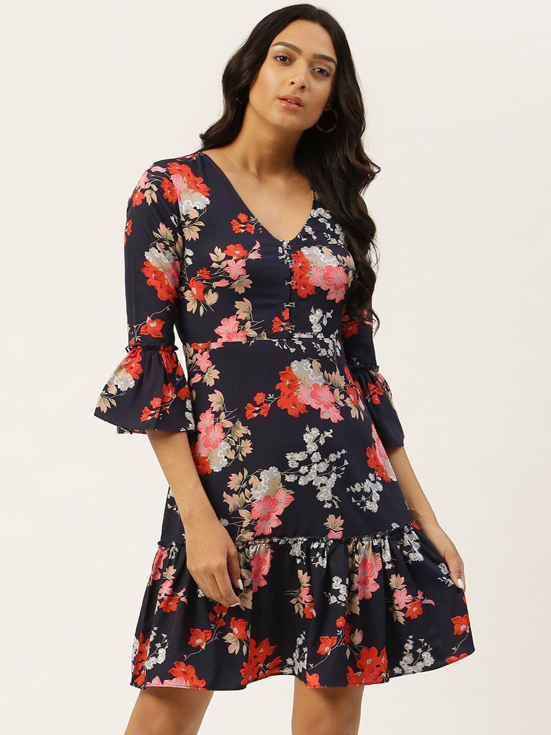 trendy divva black & pink floral print skater dress