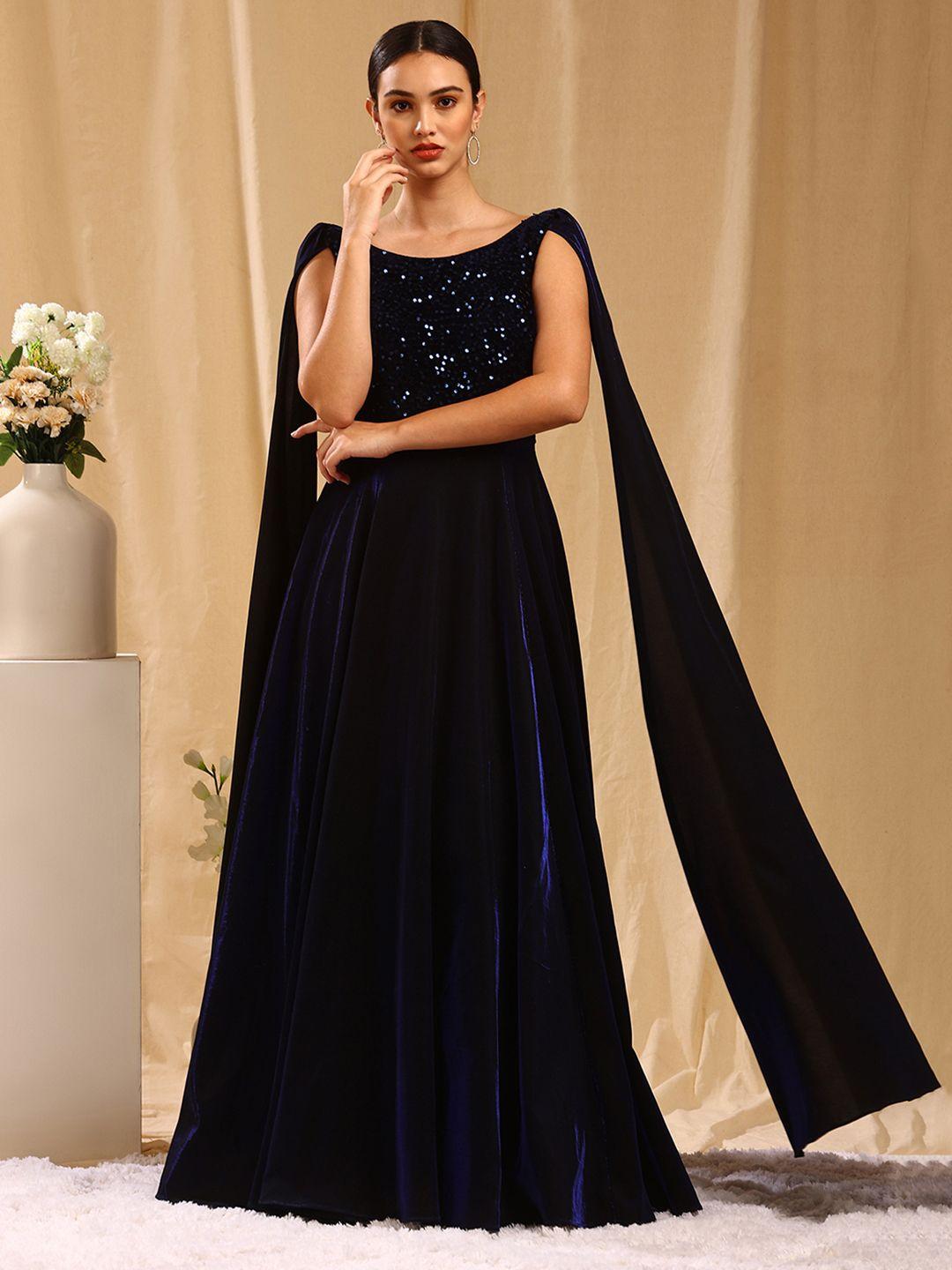 trendy divva blue embellished maxi velvet gown dress