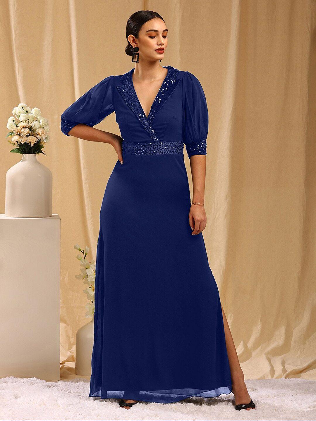 trendy divva georgette cuffed sleeves embellished side slit maxi party dress