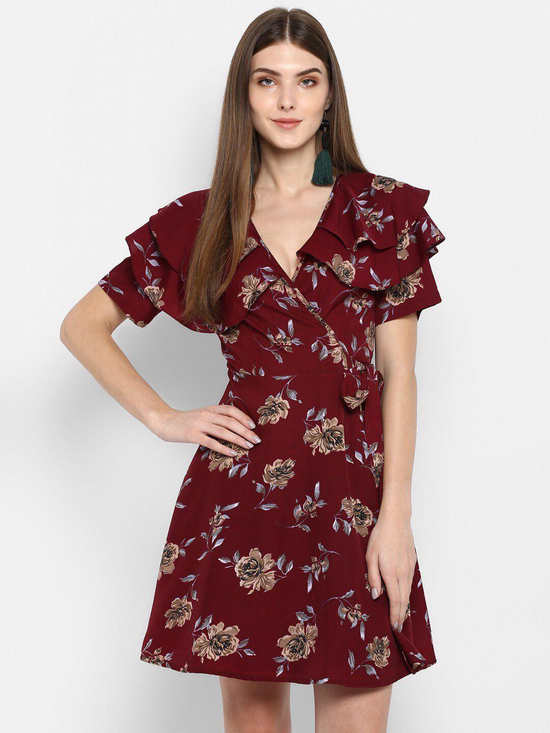 trendy divva women maroon floral printed v-neck mini wrap dress