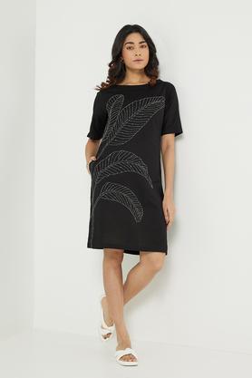 trendy embroidered round neck cotton women's ethnic dress - black