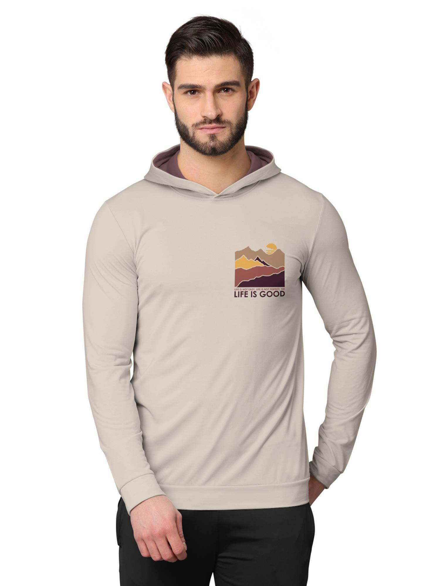 trendy front & back printed full sleeve hooded sweatshirts for men beige