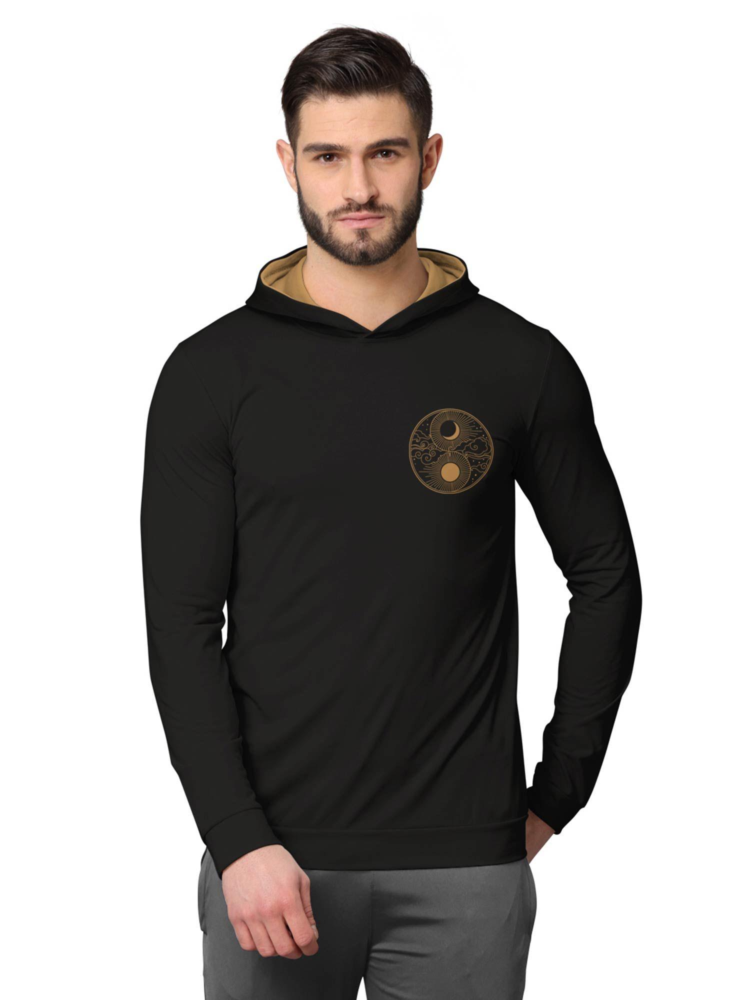trendy front & back printed full sleeve hooded sweatshirts for men black