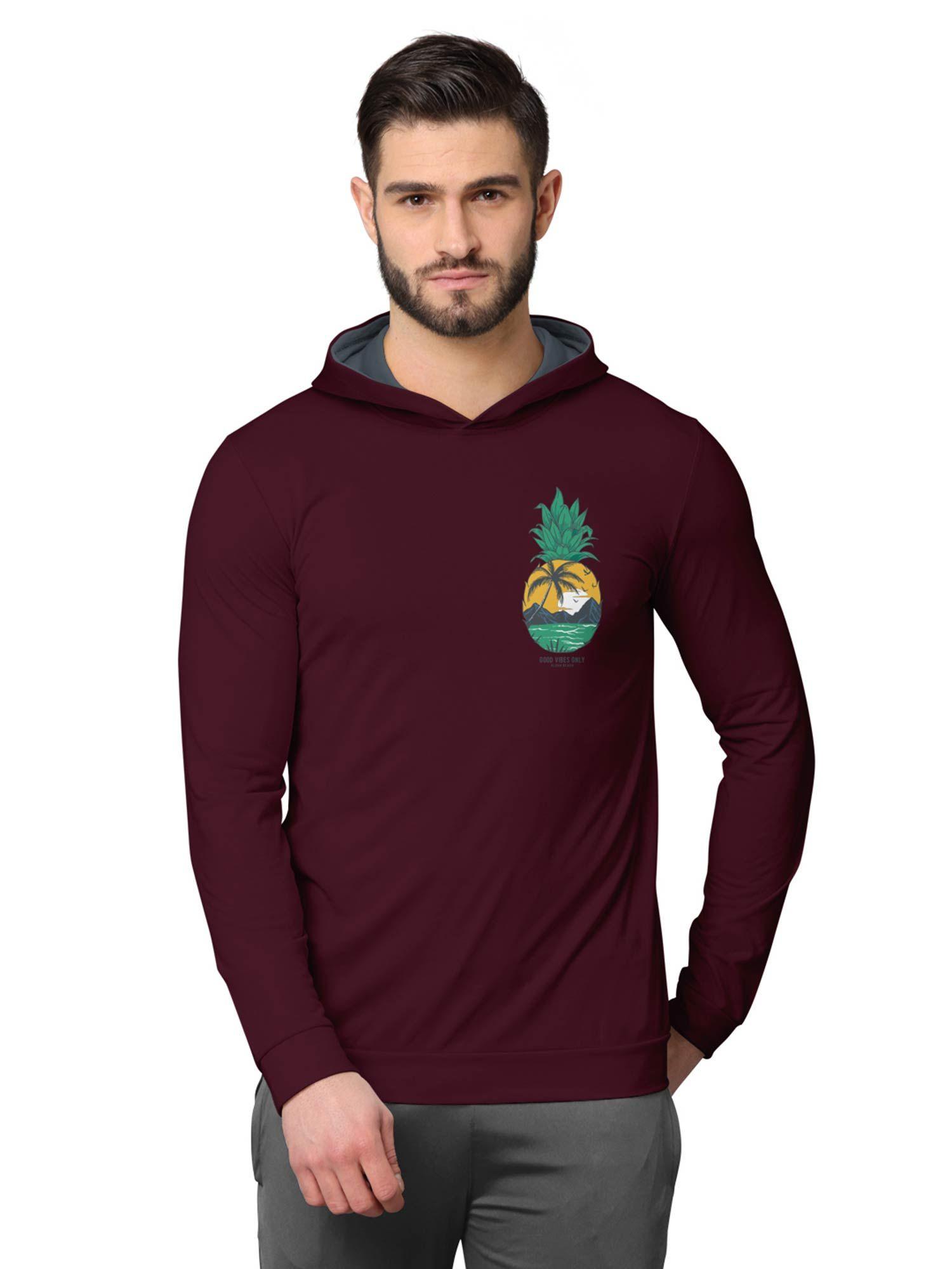 trendy front & back printed full sleeve hooded sweatshirts for men burgundy