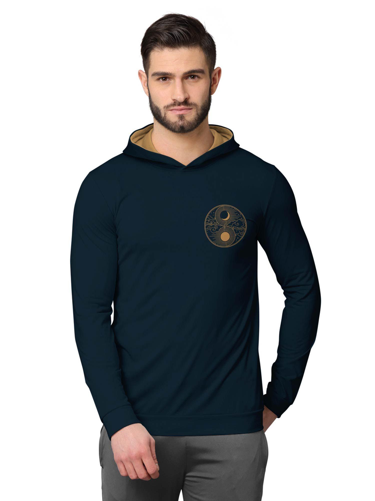 trendy front & back printed full sleeve hooded sweatshirts for men navy blue
