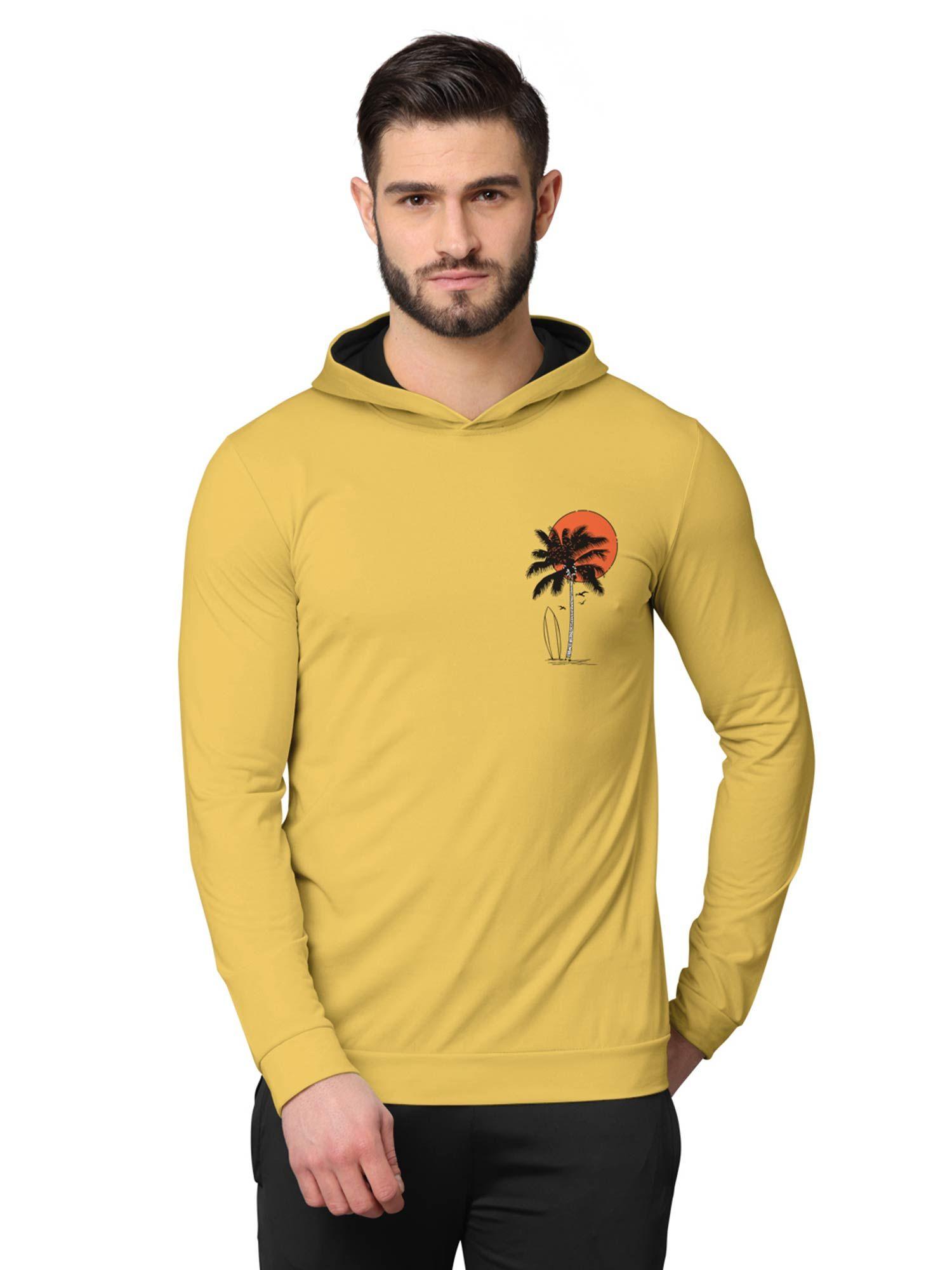 trendy front & back printed full sleeve hooded sweatshirts for men yellow