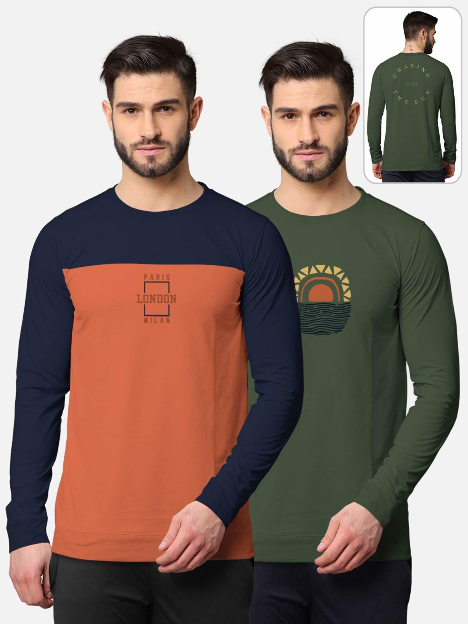 trendy front & back printed full sleeve t-shirt for men multi-color (pack of 2)