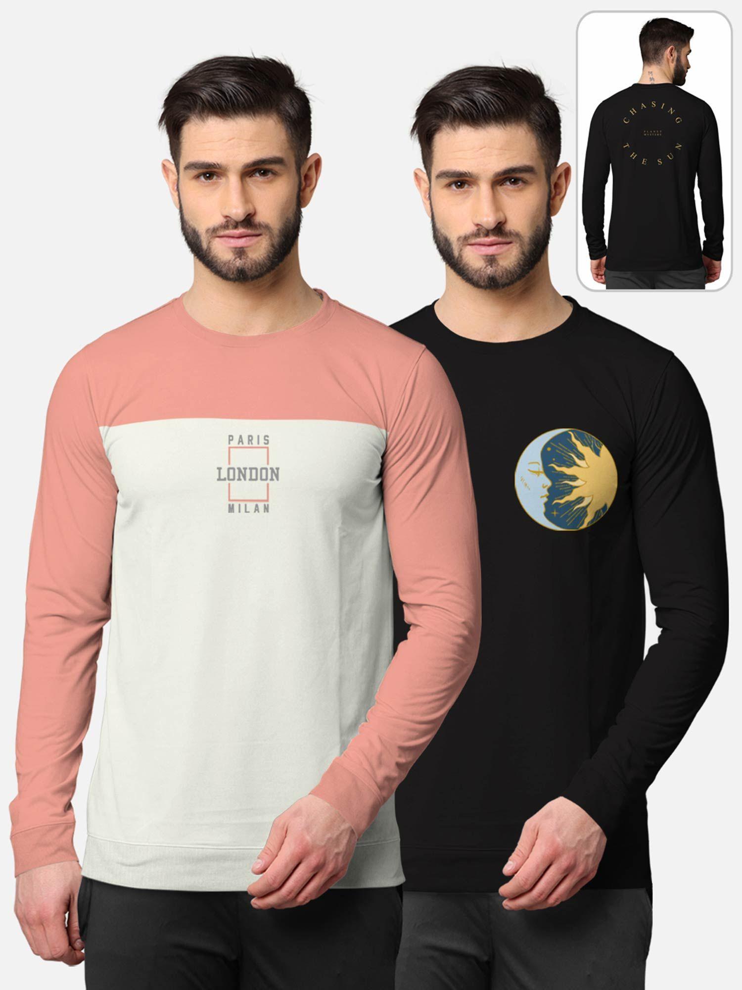 trendy front & back printed full sleeve t-shirt for men multi-color (pack of 2)