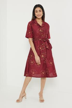 trendy printed collared polyester women's ethnic dress - maroon