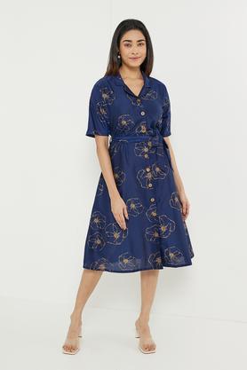 trendy printed collared polyester women's ethnic dress - navy