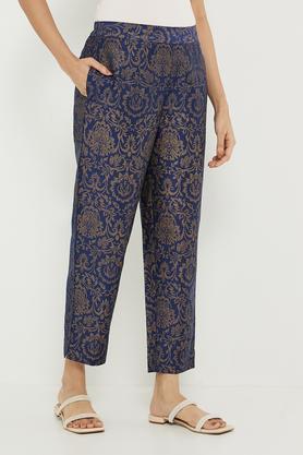 trendy printed regular fit polyester women's fusion wear pant - navy