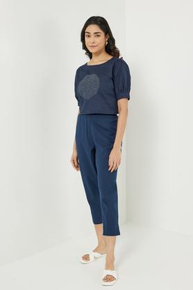 trendy solid cotton round neck women's top - indigo