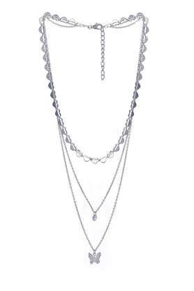 trendy three layered silver necklace with butterfly pendant , diamonti stone and chain of hearts