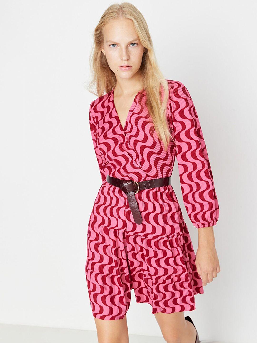trendyol abstract printed puff sleeves wrap dress
