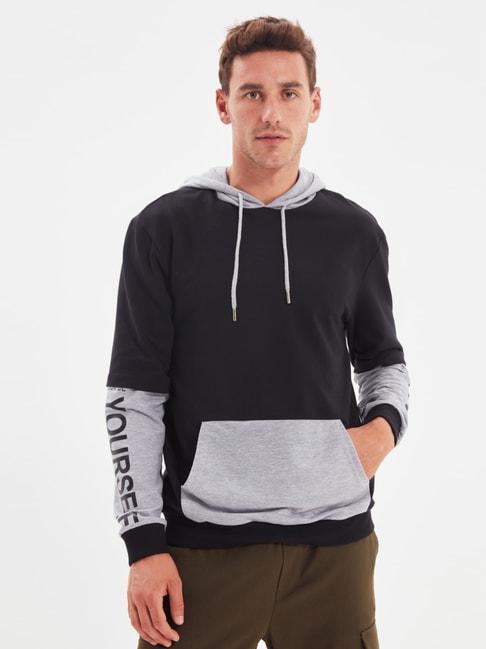 trendyol black & grey regular fit colour block hooded sweatshirt