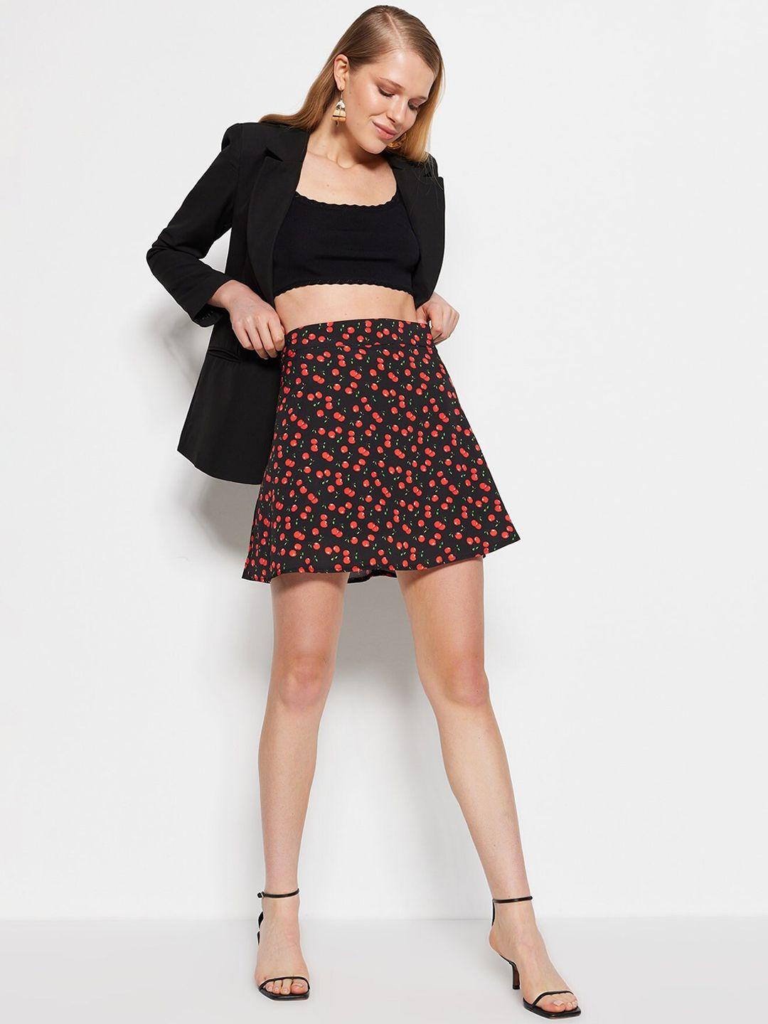 trendyol cherry printed mini-length flared skirt