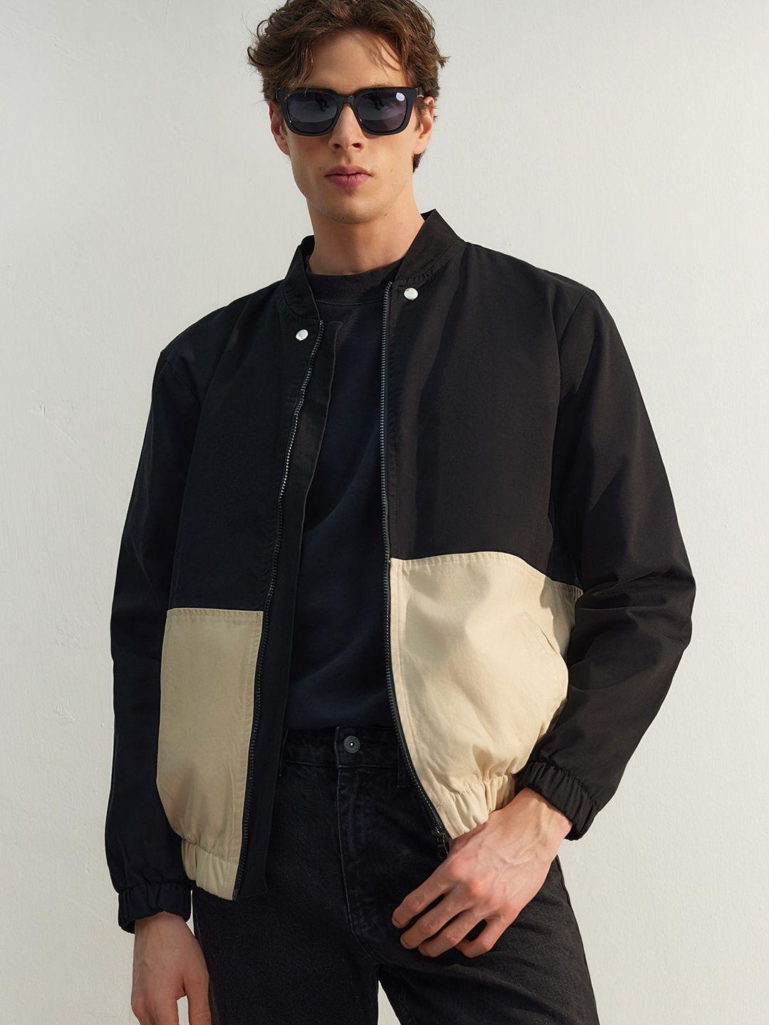 trendyol colourblocked mock collar pure cotton bomber jacket