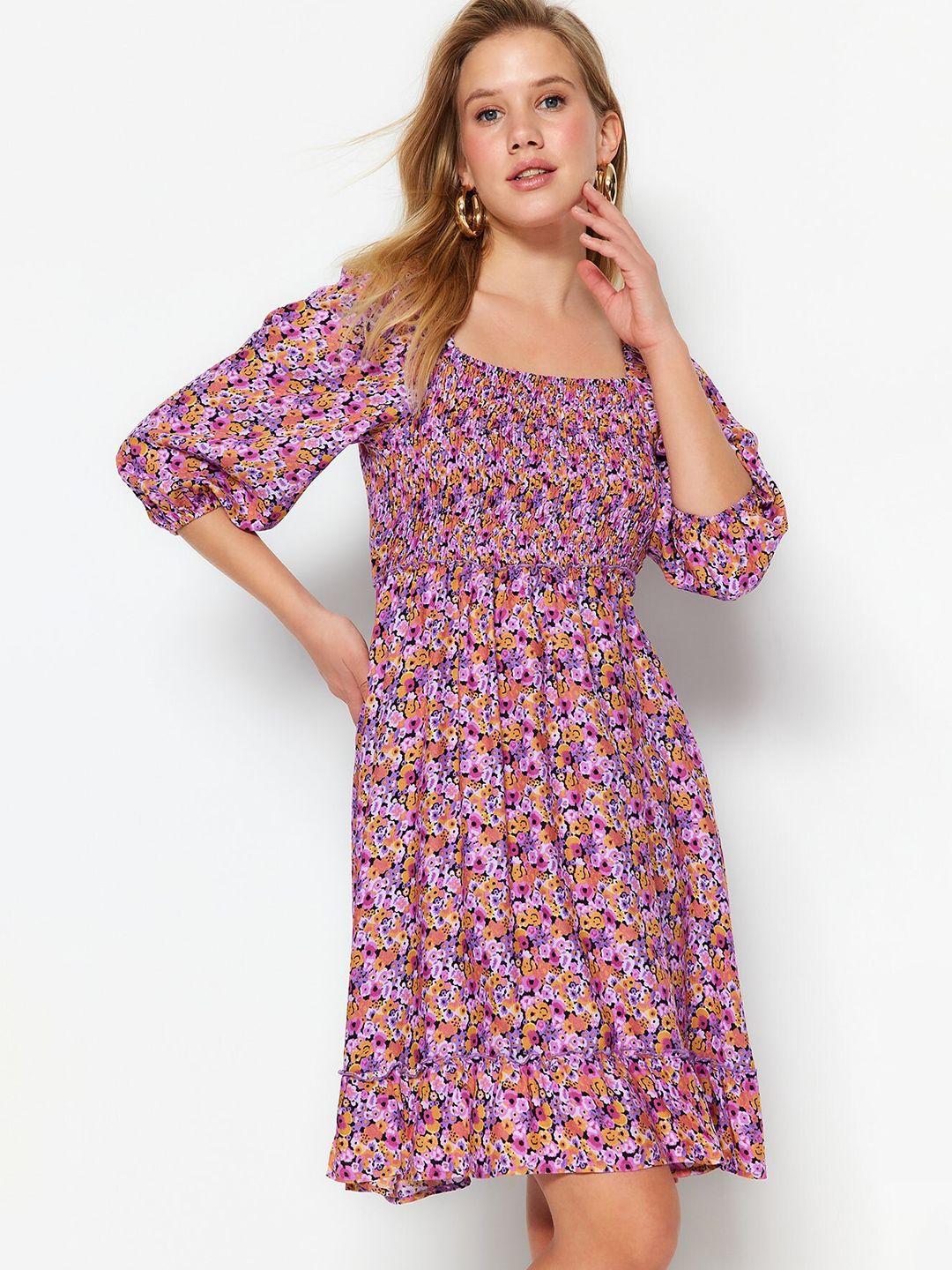 trendyol floral print puff sleeve fit & flare dress