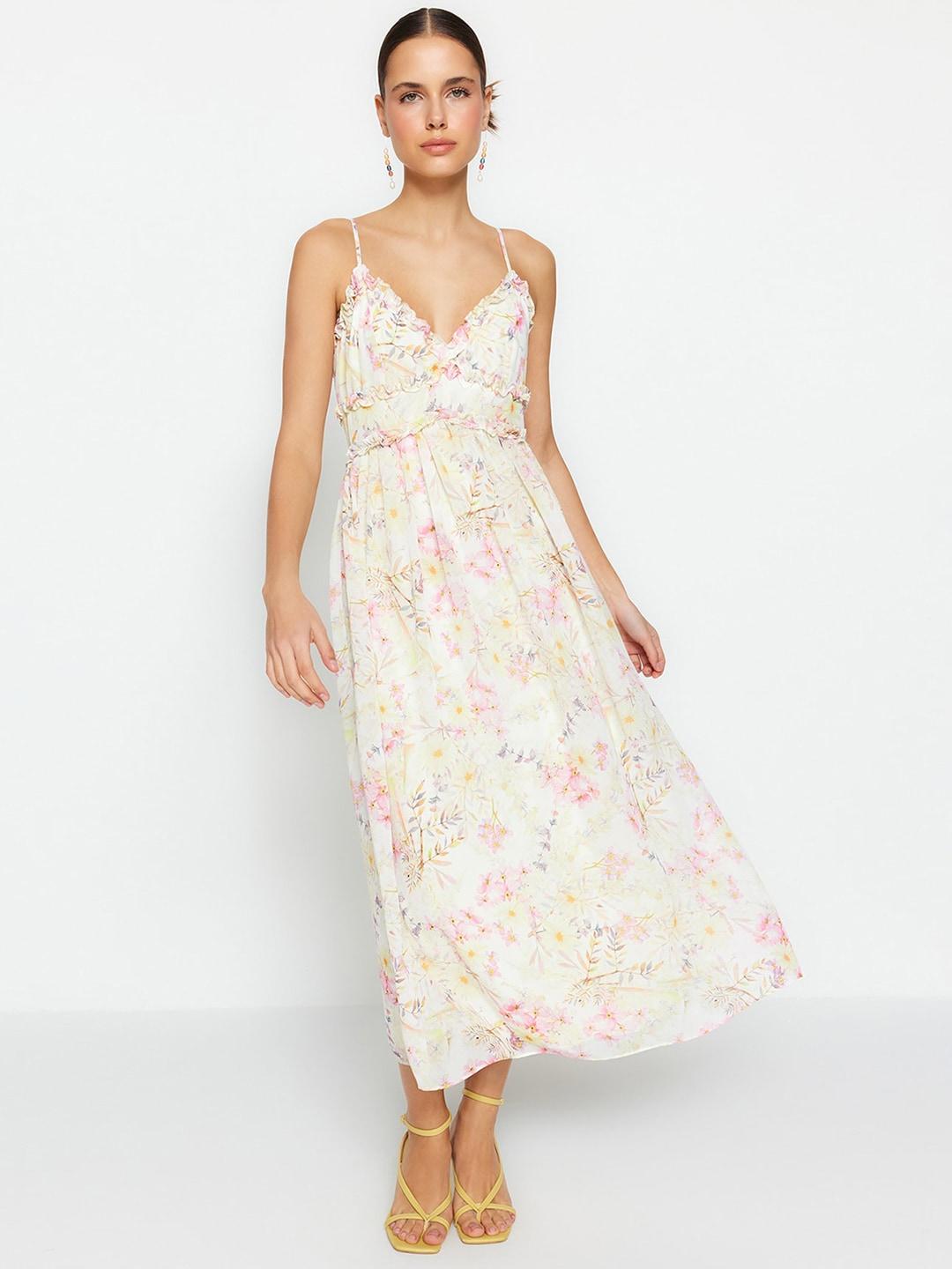 trendyol floral print shoulder straps fit & flare maxi dress