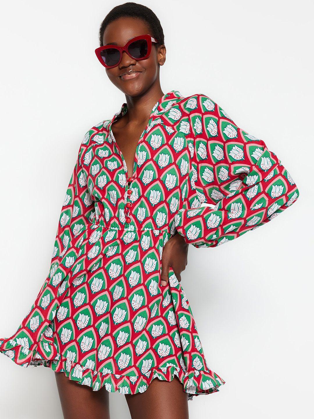 trendyol floral printed long cuffed sleeves fit & flare dress