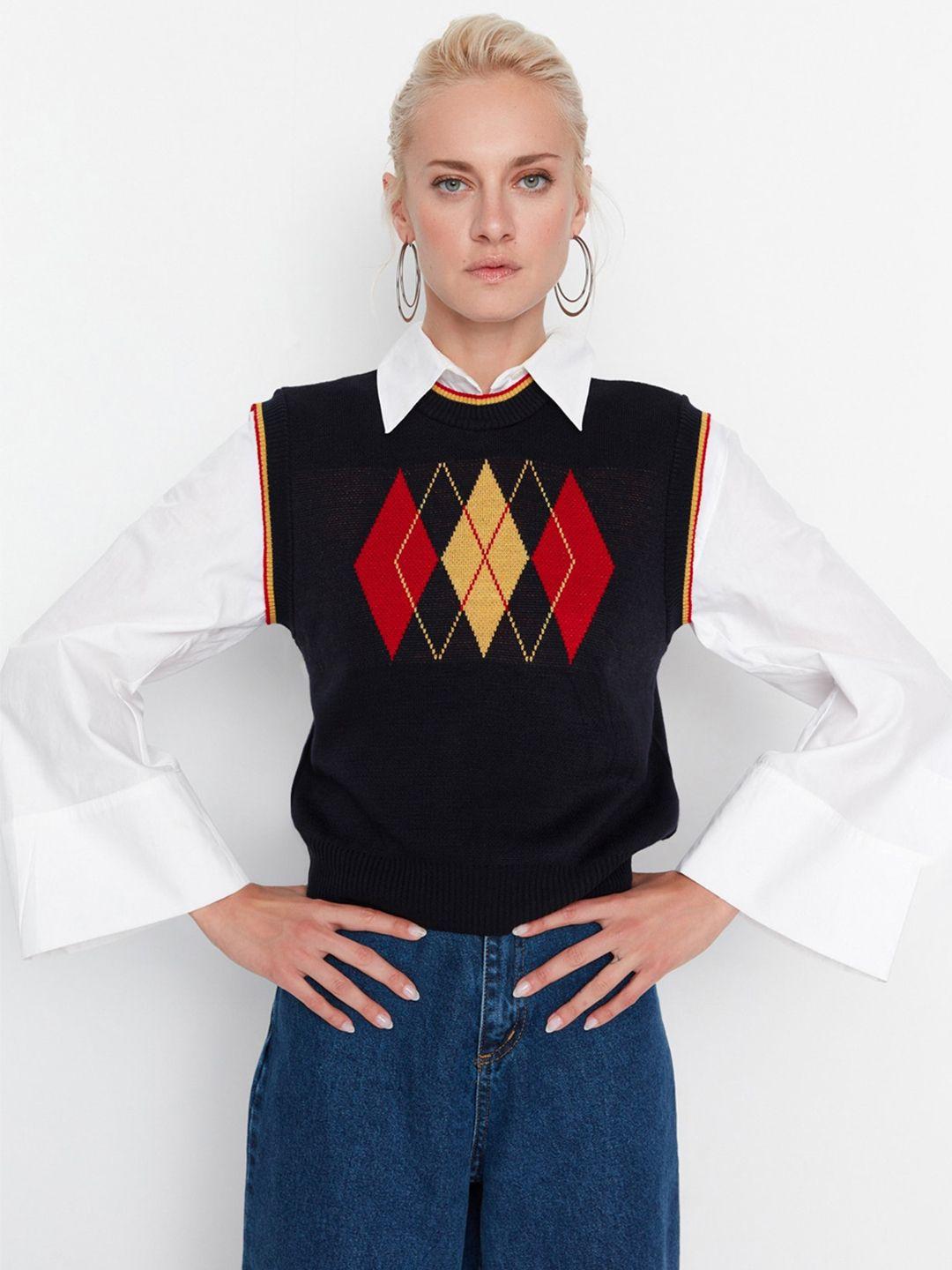 trendyol geometric printed acrylic sweater vest