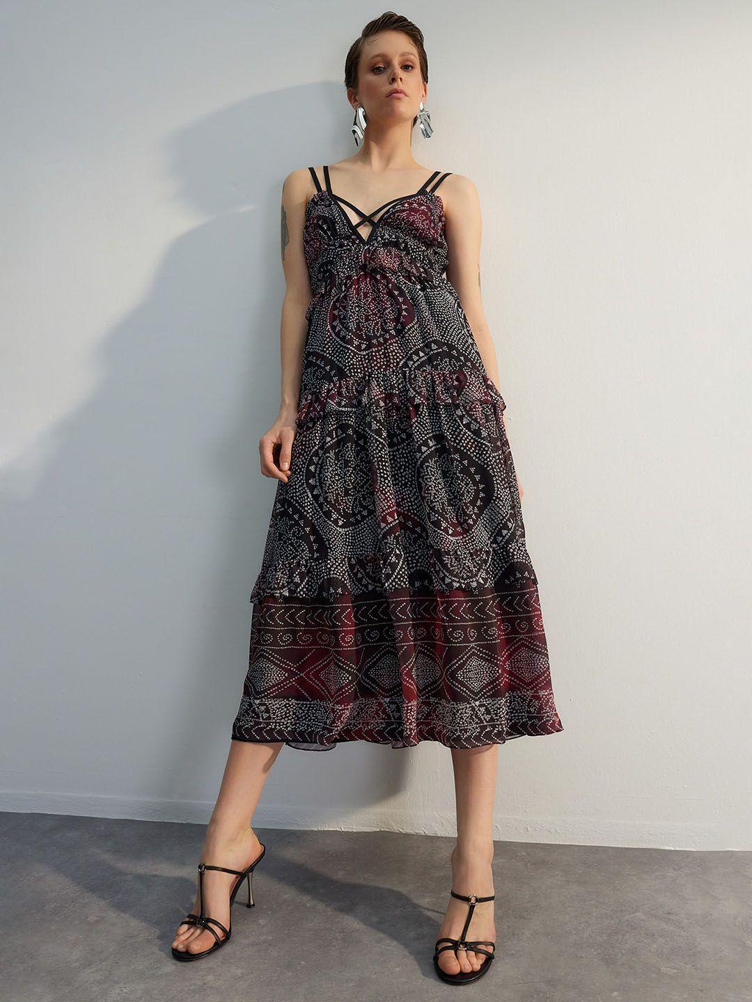 trendyol geometric printed ruffles detailed fit & flare midi dress