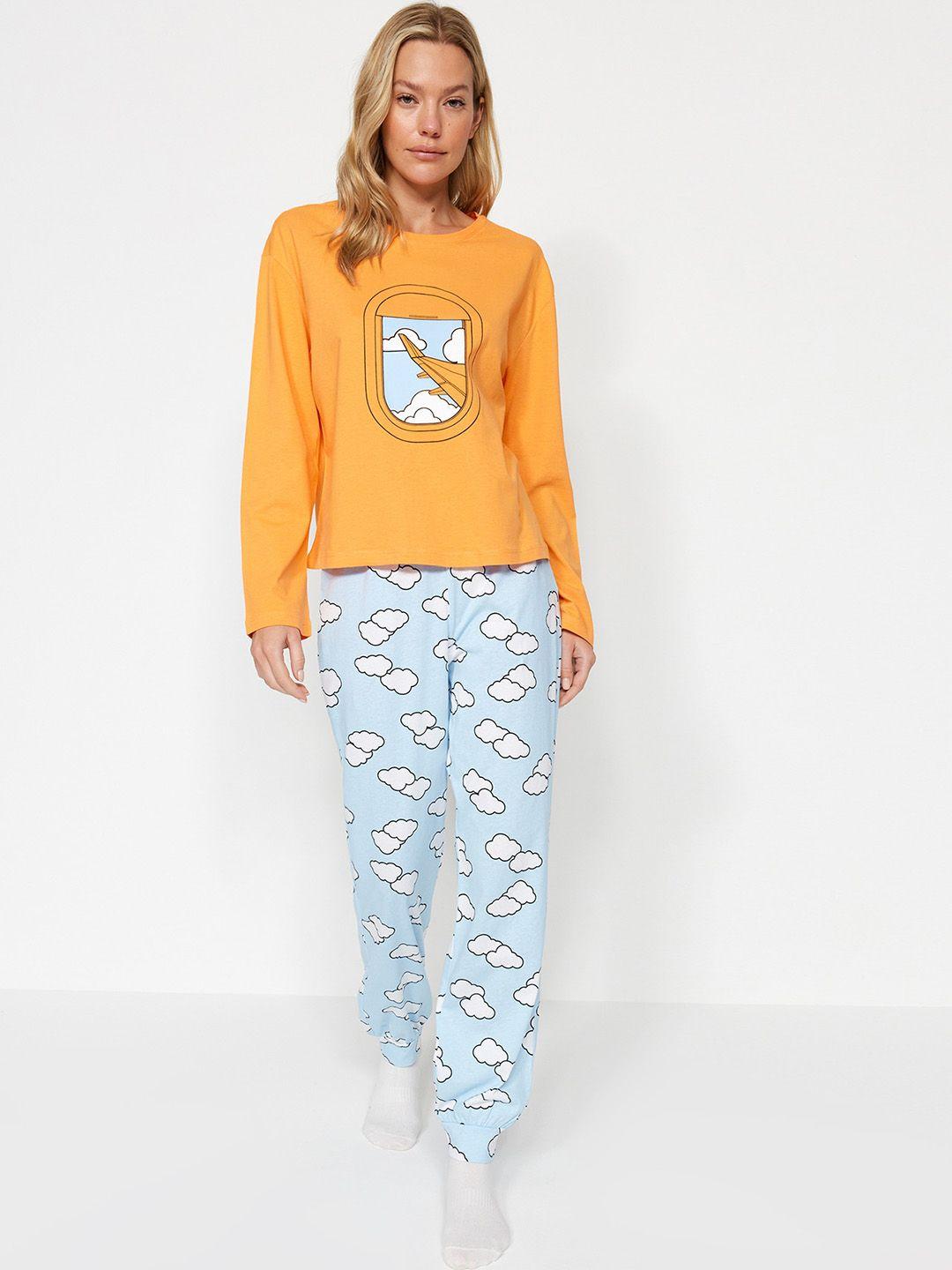 trendyol graphic printed pure cotton t-shirt with pyjamas