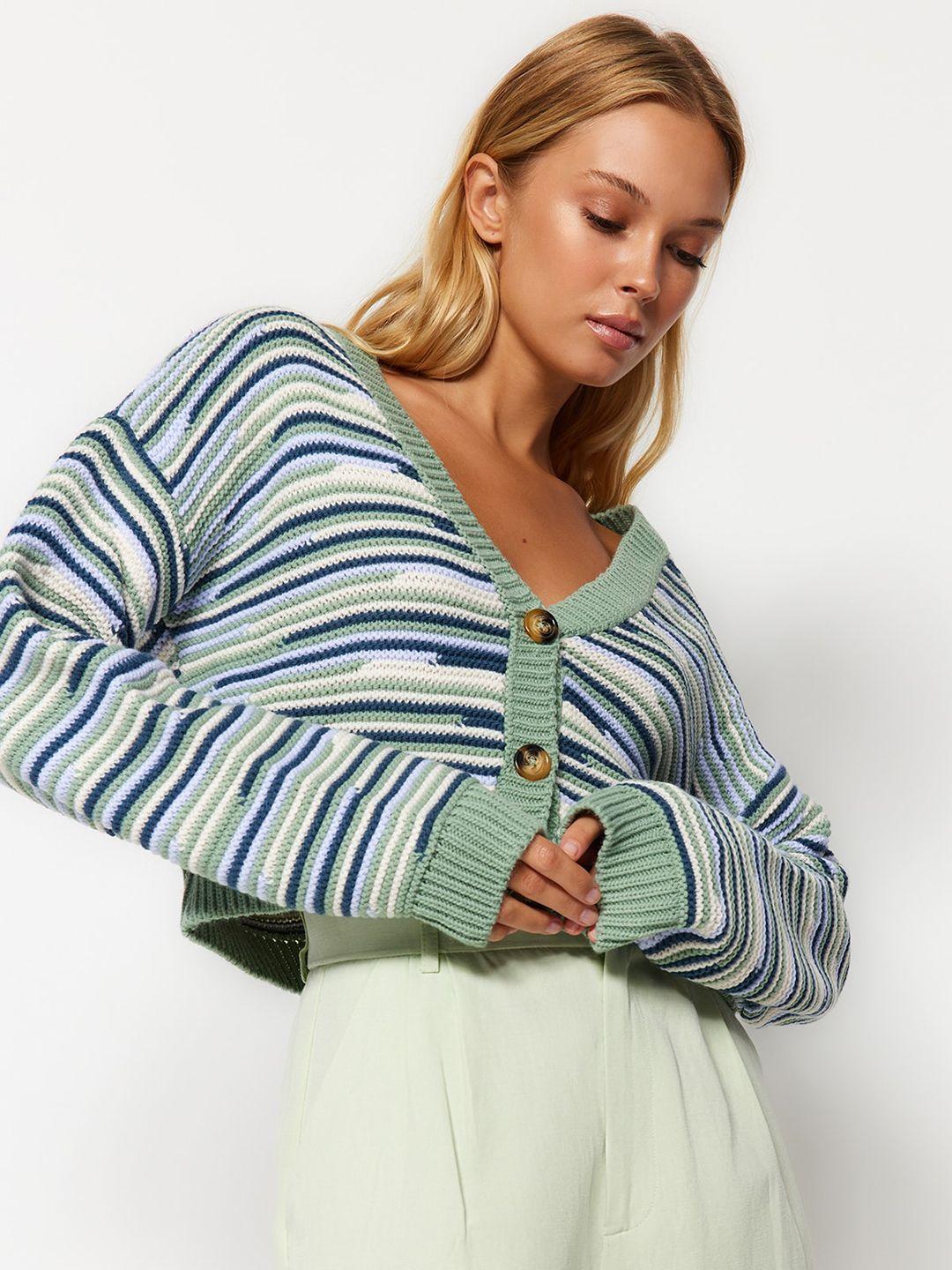 trendyol horizontal striped v-neck crop cardigan