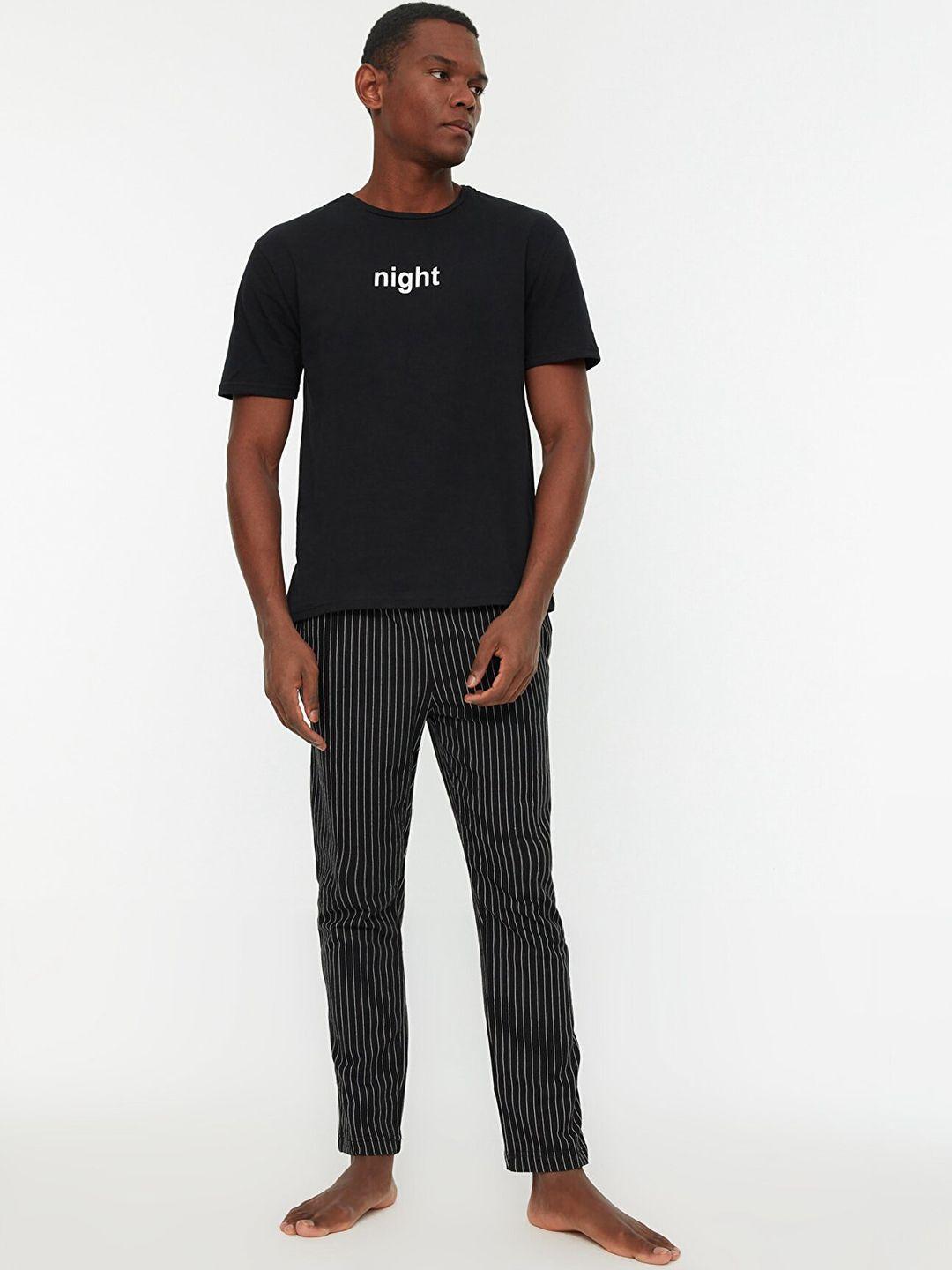 trendyol men black & off white pure cotton pyjamas set