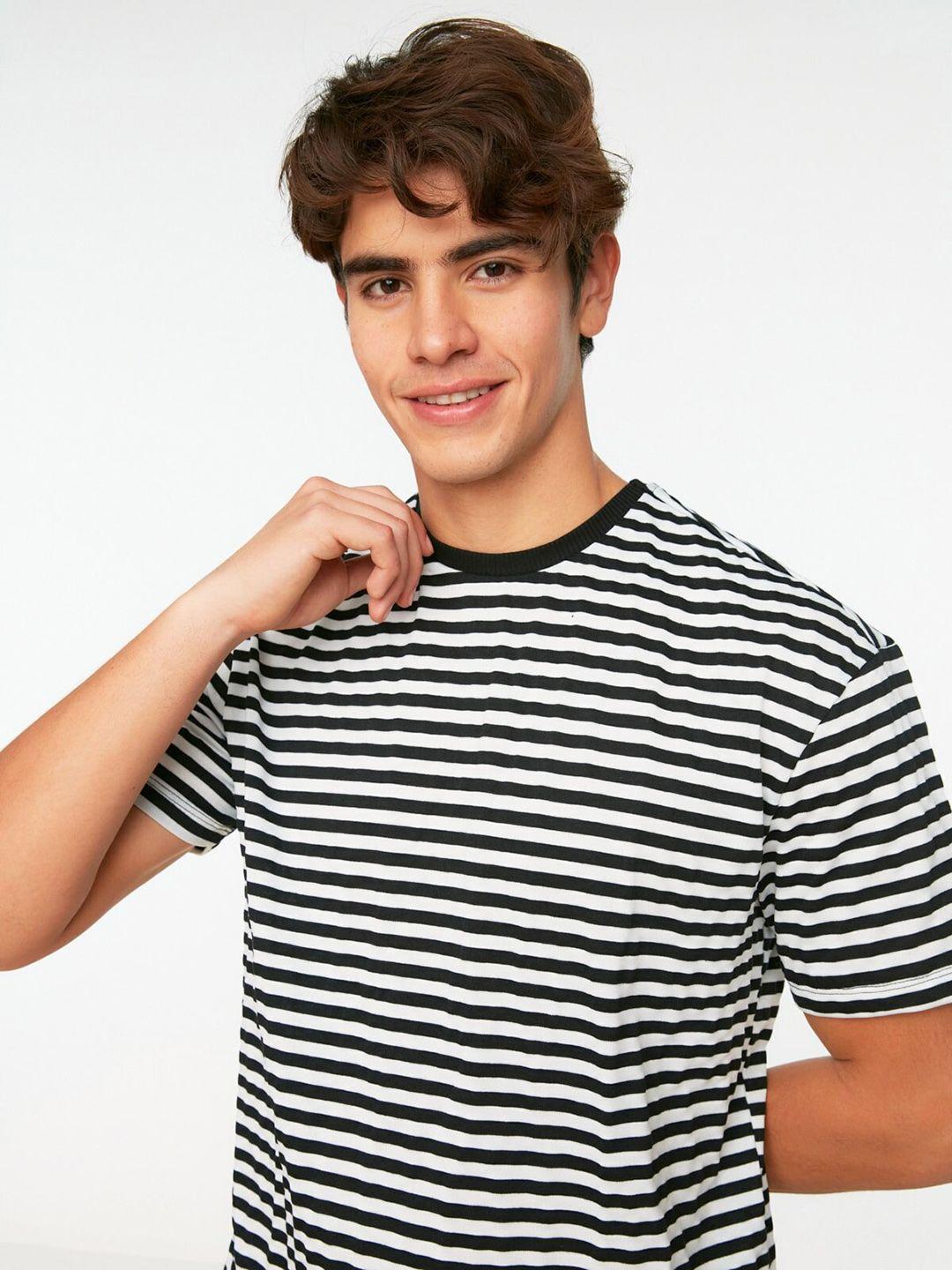 trendyol men black & white striped t-shirt