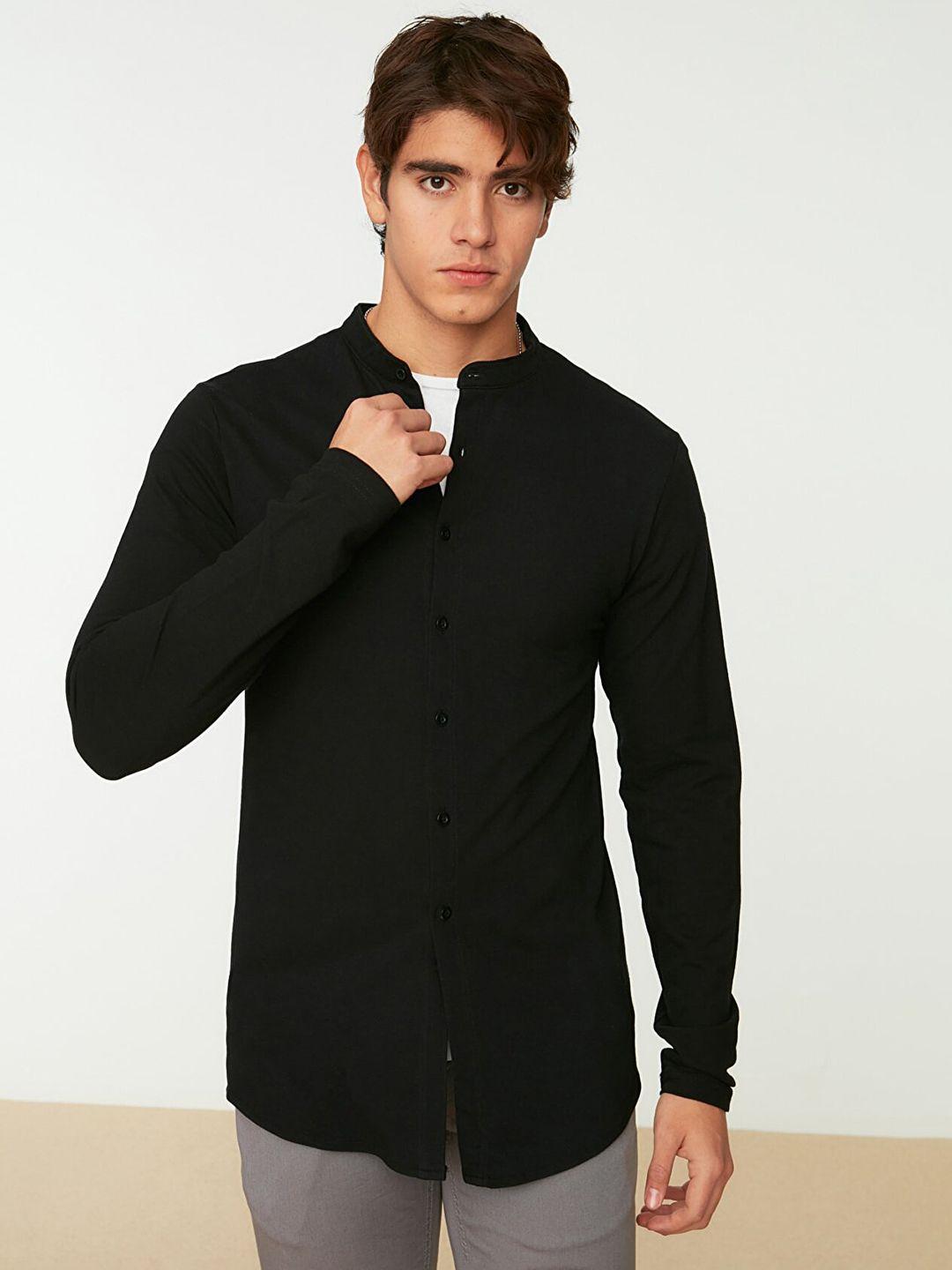 trendyol men black pure cotton solid slim fit pique knit casual shirt